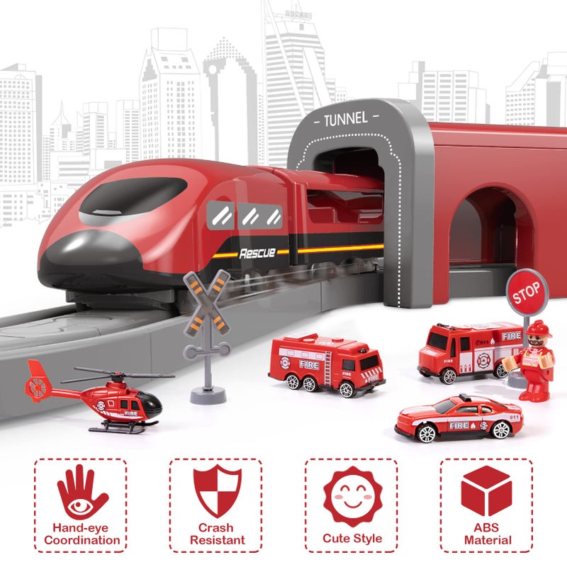 Wdmiya Train Sets for Boys 4-7  66 Pcs Battery Operated Train Set with Tracks(Magnetic Connection)  Compatible with Thomas  Brio  Chuggington  Gifts for 3 4 5 6 Years Old (66pcs Fire Truck) - Image 2